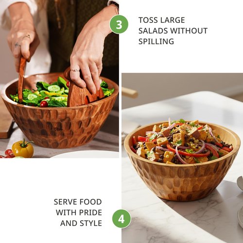 Culina Craftique Wooden Salad Bowl set - with Serving Utensils — 11" Large Acacia Wood Bowls For Food, Fruit | Mixing Pasta — Easy To Clean — For Hosting, Kitchen Decor, Gifts — With Placemat