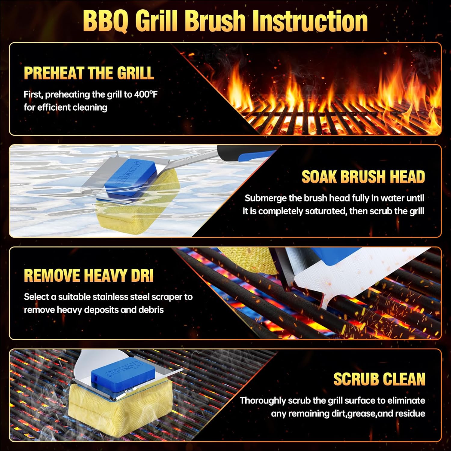 Skiennix Grill Brush - Bristle-Free BBQ Cleaner with Extended Handle & Scraper | Safe for Cast Iron & Stainless Steel Grates - Blue