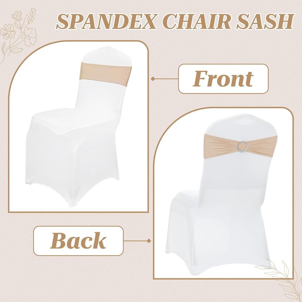 MDS Spandex Chair Sashes - Universal Fit Elastic Stretch Bands with Buckle Slider Bow | 125 Pack - Champagne Gold
