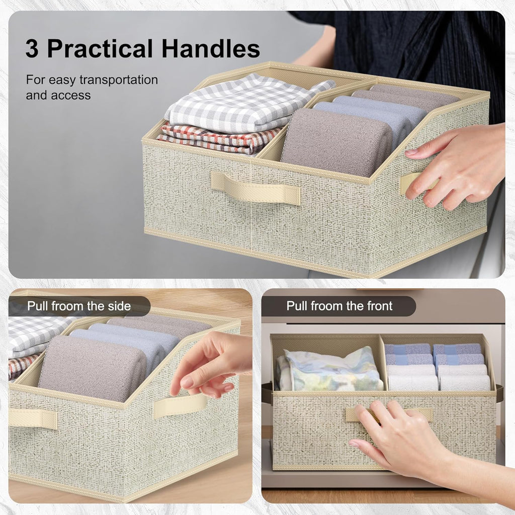 Closet Storage Bins - Large 6-Pack Organizer Baskets with Dividers & Handles | Collapsible Beige Fabric