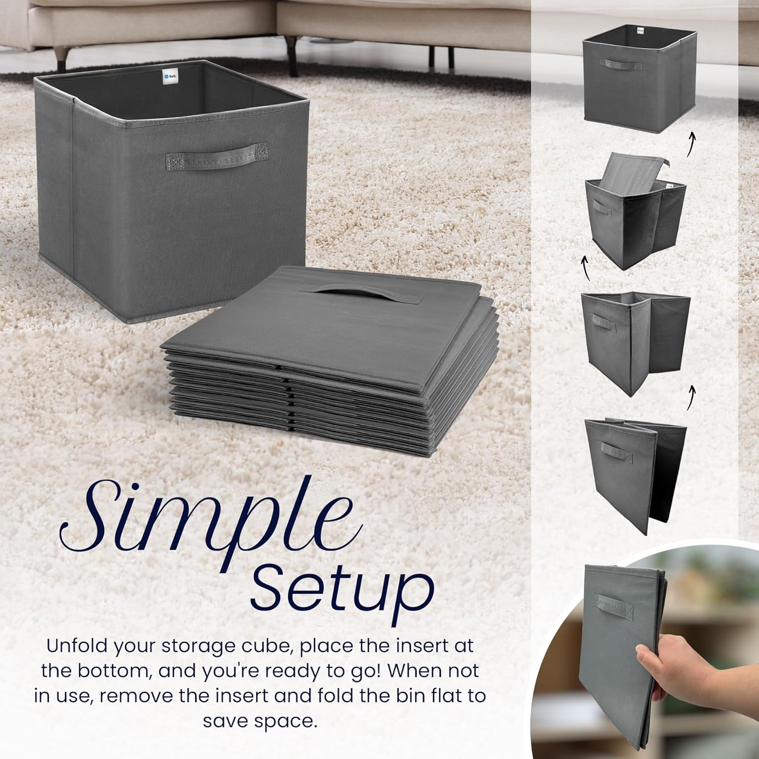 Reli. 11-Inch Cube Storage Bins - Collapsible Fabric Organizer Bins (4 Pack) | Dark Gray Cubby Boxes