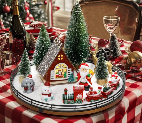 AMH Christmas Table Decorations Set - 12 PCS Oak Rotating Base with Santa, Train, House & Trees