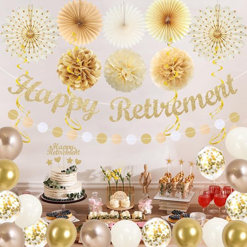 Vlipoeasn Retirement Decorations for Men Women, Champagne Gold Official Retired, Happy Retirement Banner Swirls Party Supplies Retired Farewell Party Set Work Graduation Party Decorations