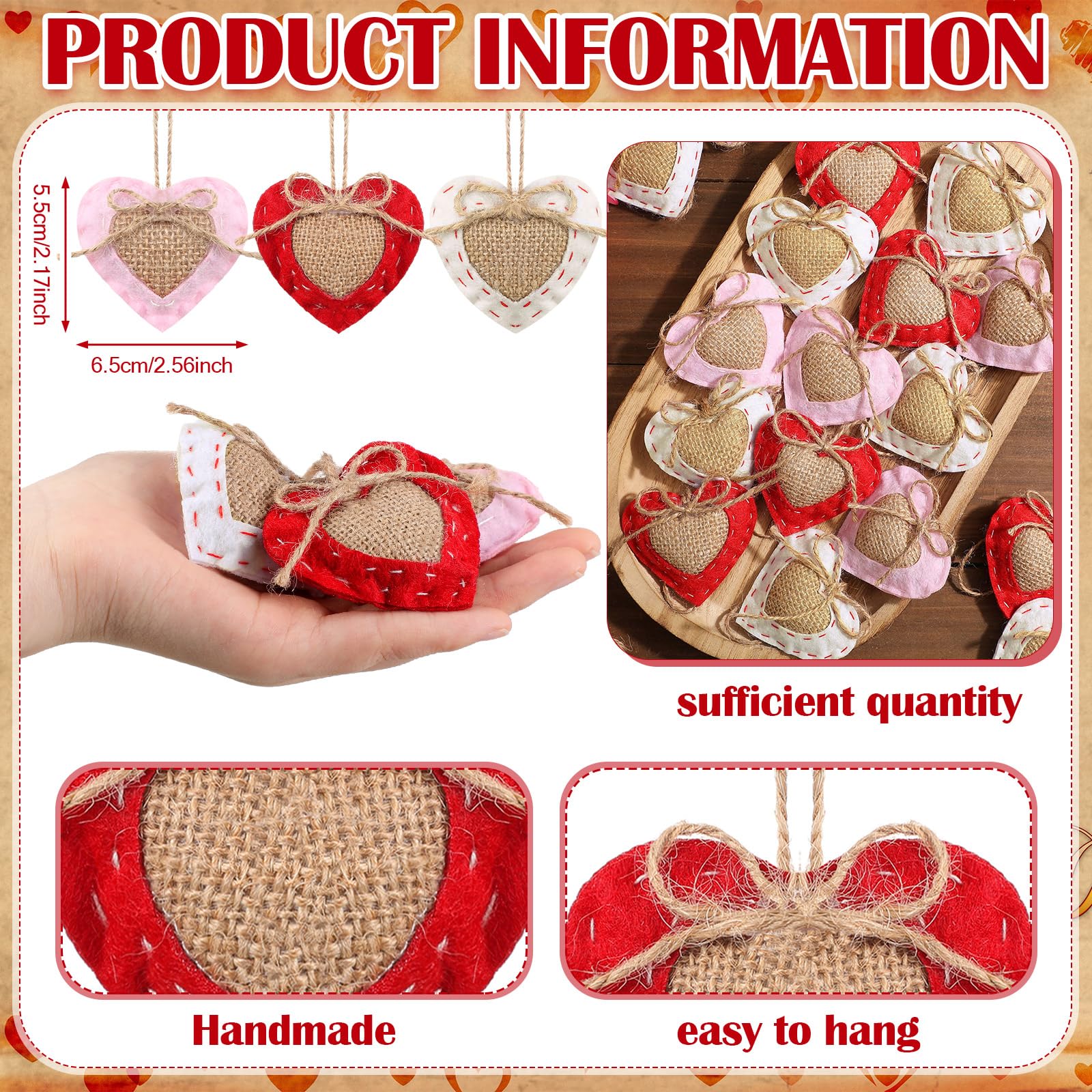 Vercraft 24 Pcs Neutral Valentine's Day Ornaments Felt Heart Ornament White Red Pink Stuffed Heart Bowl Vase Fillers Rustic Farmhouse Barn Style Valentines Day Decor for Tree Home Table Party Decor