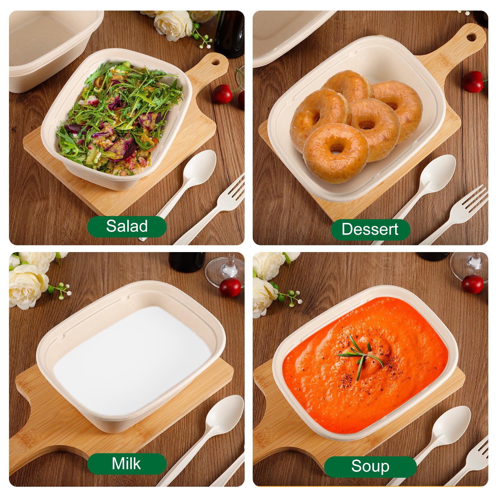 Enjamyo 50 Pack 50 OZ Large Paper Bowls with Lids,Heavy Duty Disposable Bowls Bulk,Compostable Paper Take Out Food Containers for Hot/Cold Use,Leakproof,Microwave Safe