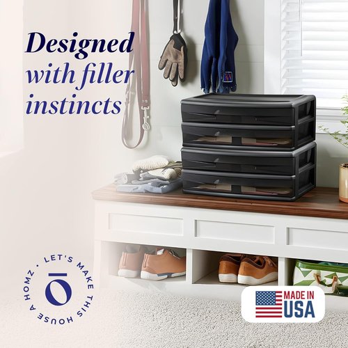 HOMZ 2-Pack Storage Cart - 2-Drawer Plastic Organizers with Smoke Tint | 15" Wide, Black Frame for Home & Office