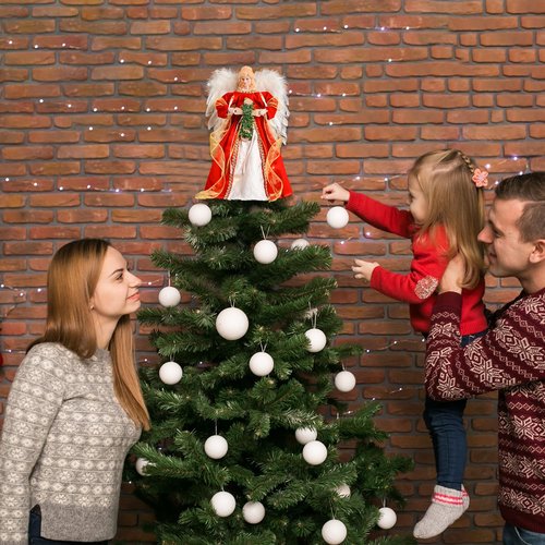 Christmas Angel Tree Topper with Light | 12” Christmas Tree Topper - Battery Operated - Natural Goose Feather - Red Dress Treetop Ornaments Indoor Decorations