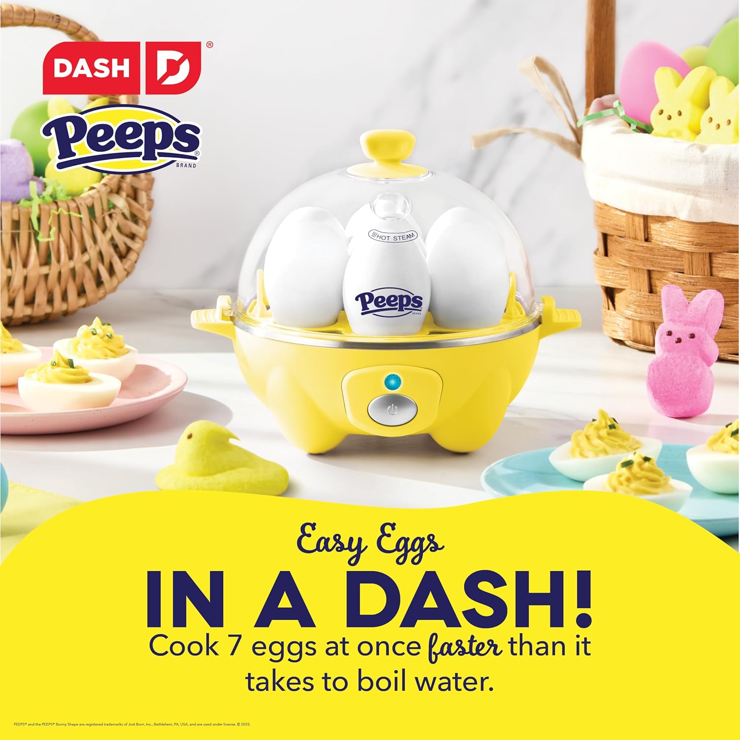 PEEPS & Dash Rapid Egg Cooker - Boil, Poach & Steam Up to 7 Eggs - Dishwasher Safe, BPA Free - Yellow