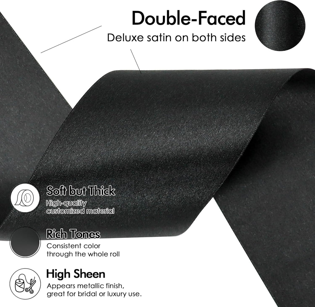 MEEDEE Black Satin Ribbon - Luxurious Double-Faced 3 Inch Wide | 10 Yards for Christmas & Halloween Decor