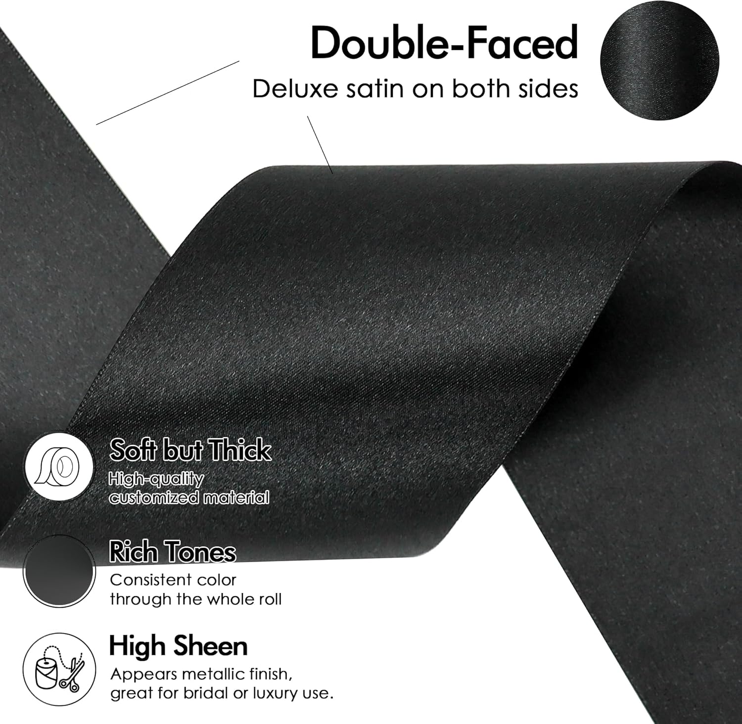 MEEDEE Black Satin Ribbon - Luxurious Double-Faced 3 Inch Wide | 10 Yards for Christmas & Halloween Decor