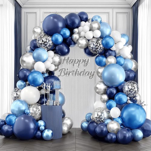 Blue White Silver Balloons Arch Kit - Navy Blue & White with Metallic Confetti for Graduation & Parties