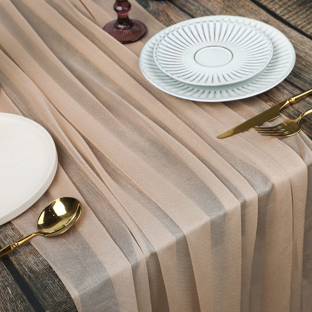 WELTRXE 10 Pack Champagne Chiffon Table Runner 30x120 Inches Romantic Sheer Wedding Table Runner Glitter Brown Tulle Fabric Party Table Decorations for Wedding, Birthday Party, Bridal & Baby Shower