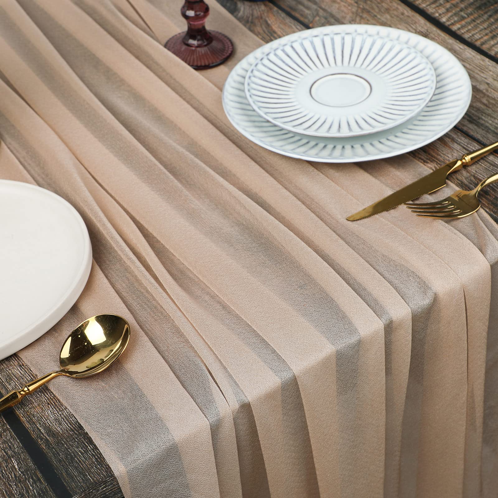 WELTRXE 10 Pack Champagne Chiffon Table Runner 30x120 Inches Romantic Sheer Wedding Table Runner Glitter Brown Tulle Fabric Party Table Decorations for Wedding, Birthday Party, Bridal & Baby Shower