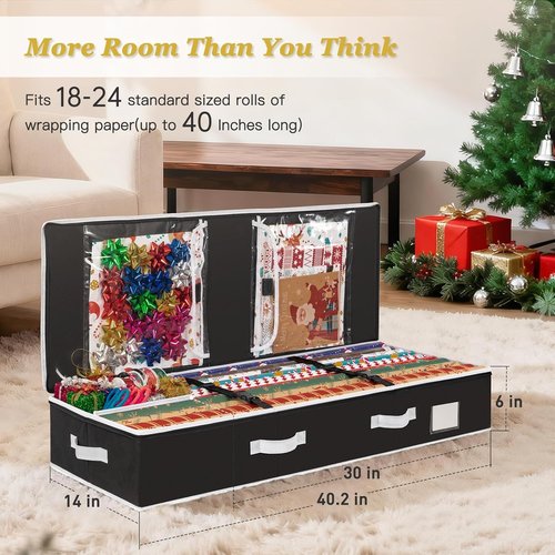 Criusia Gift Wrapping Paper Organizer - Durable Underbed Storage for 24 Rolls with Removable Dividers | Black