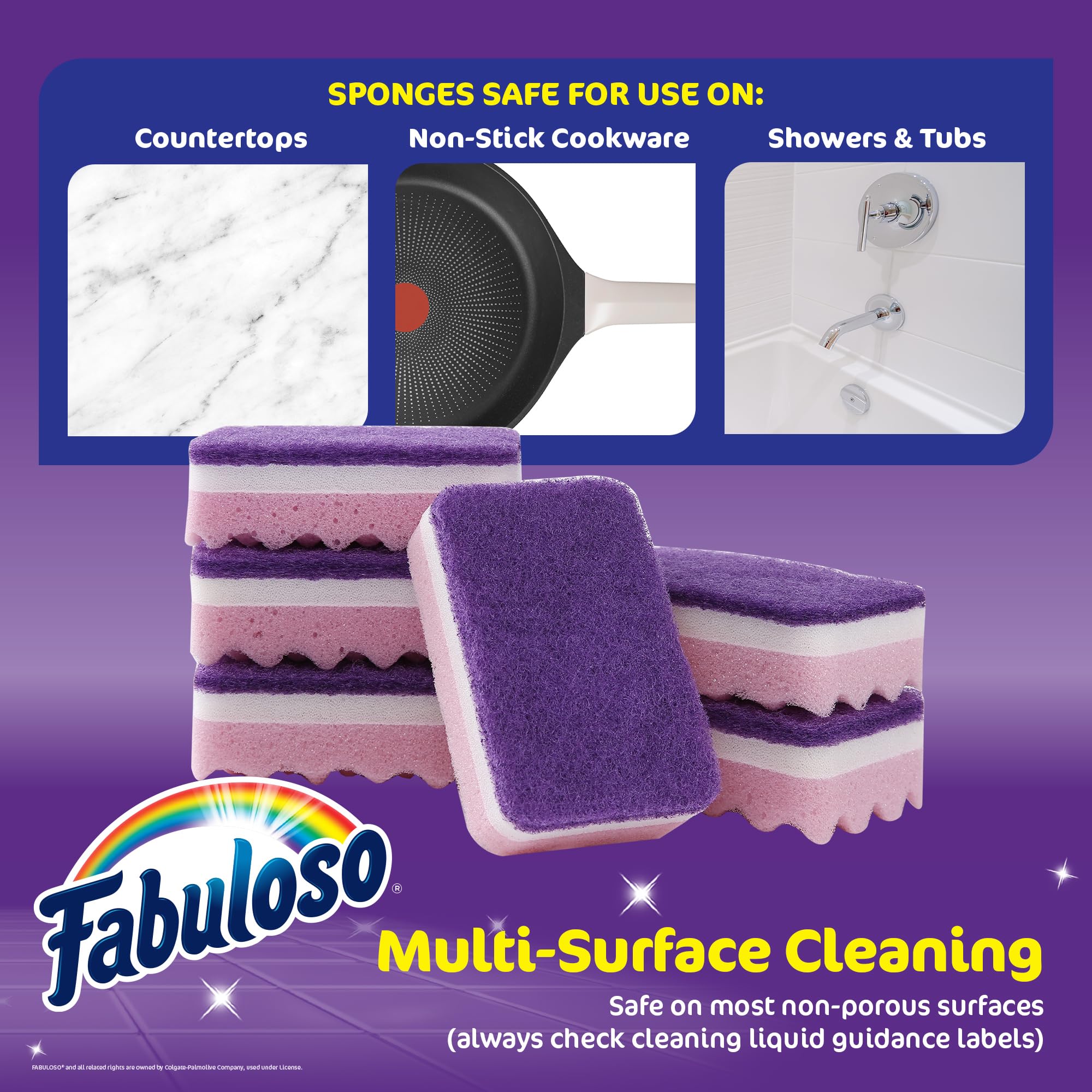 Fabuloso Scratch-Free Kitchen Dish Sponges, Purple Cellulose Scrubber Sponge with Scouring Pad for Dishes, Pots, Pans, Counters and Sinks, Tough on Messes, 4.25 x 2.75 x 1.25 in, 12 Count
