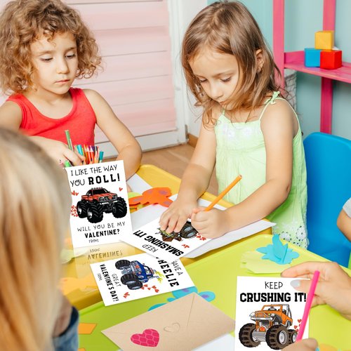 VIZAUZIE Monster Truck Valentines Cards for Kids - 48 Packs Valentine Day Cards Classroom for Boys - School Valentine's Card Bulks with Envelopes & Heart Stickers