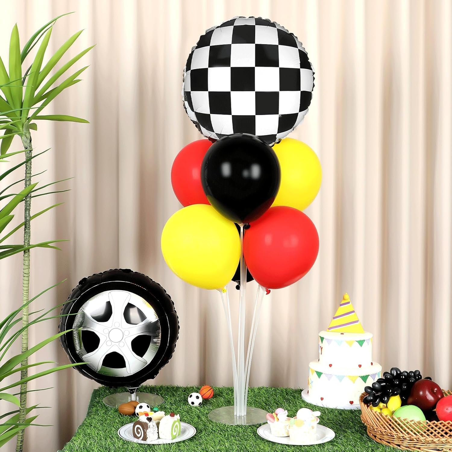 Race Car Party Balloons Kit - 2 Sets with Checkered Foil Balloons | Red, Black & Yellow Birthday Decor for Boys
