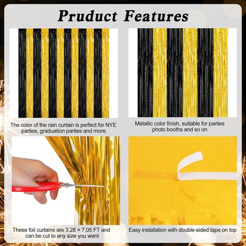 2 Pack Black and Gold Foil Fringe Curtains by [Brand Name] - Graduation Backdrop | 3.28 FT x 7.05 FT Party Decorations for Class of 2026