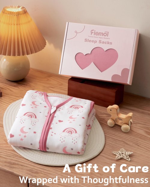 FIEMOL Rayon Made from Bamboo Baby Sleep Sack 6-12 Months, 1.0 Tog Baby Wearable Blanket, Soft Sleeping Bag for Newborn Infant Babies with 2-Way Zipper 2 Pack (Medium) Pink Rainbow