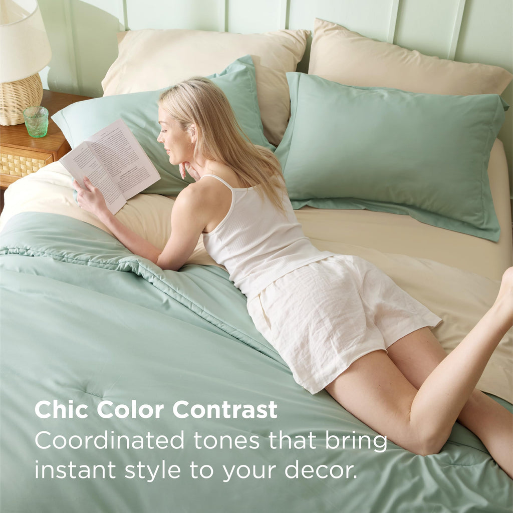 Bedsure Queen Comforter Set - 7 Pieces Sage Green Queen Bedding Set for All Seasons, Boho Contrasting Design Bed in a Bag with Comforter, Sheets, Pillowcases & Shams