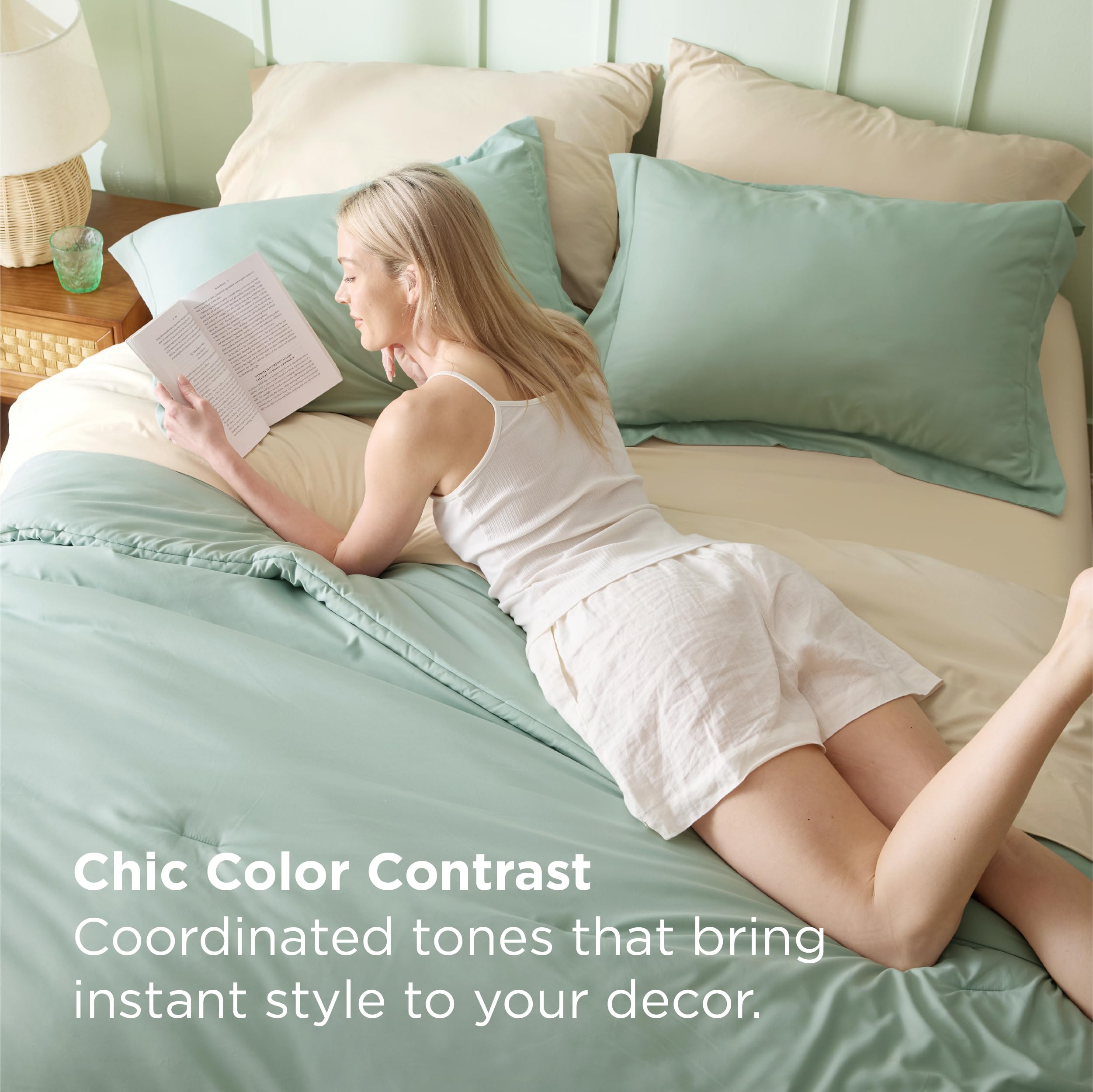 Bedsure Queen Comforter Set - 7 Pieces Sage Green Queen Bedding Set for All Seasons, Boho Contrasting Design Bed in a Bag with Comforter, Sheets, Pillowcases & Shams
