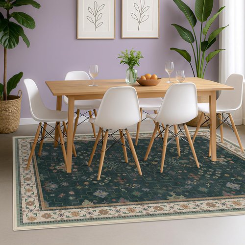 Hazo Haus Vintage Dark Green 6x8 Dining Room Rug - Washable Floral Low Pile Non-Slip Area Rug