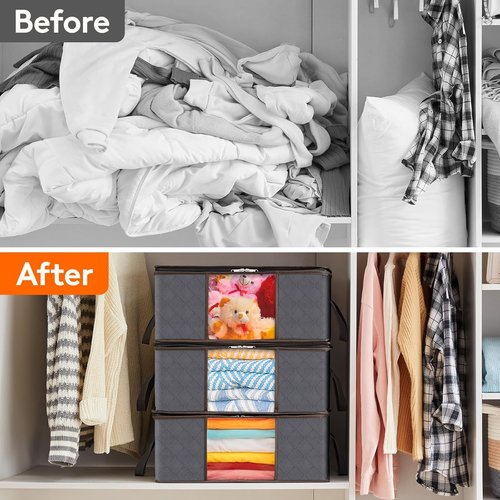 Lifewit 4-Pack Clothes Storage Bags - Foldable Closet Organizers with Clear Windows | Gray Fabric