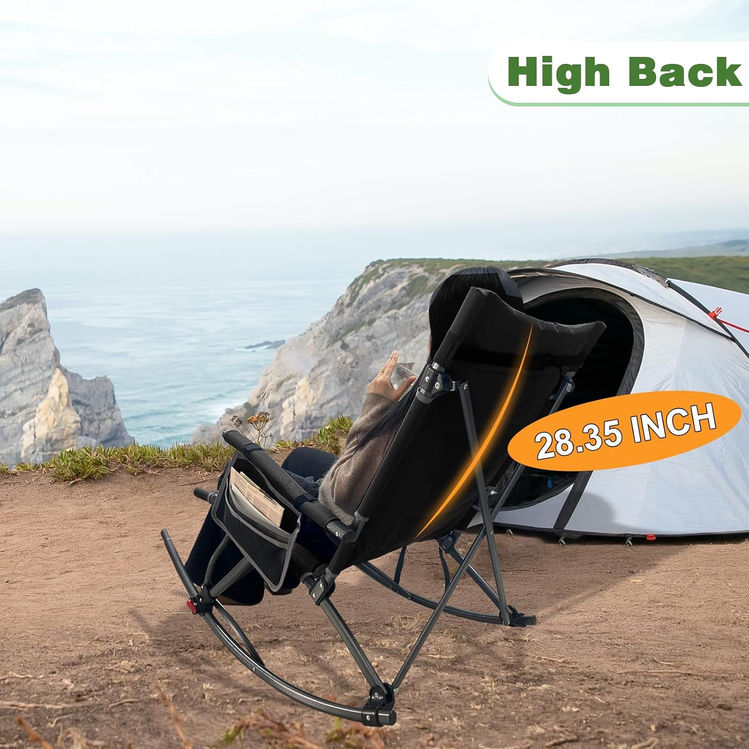 Skiennix Oversized Rocking Camping Chair - 13.8" High Seat with Foot Rest & Headrest, Supports 300 lbs | Portable Folding Design