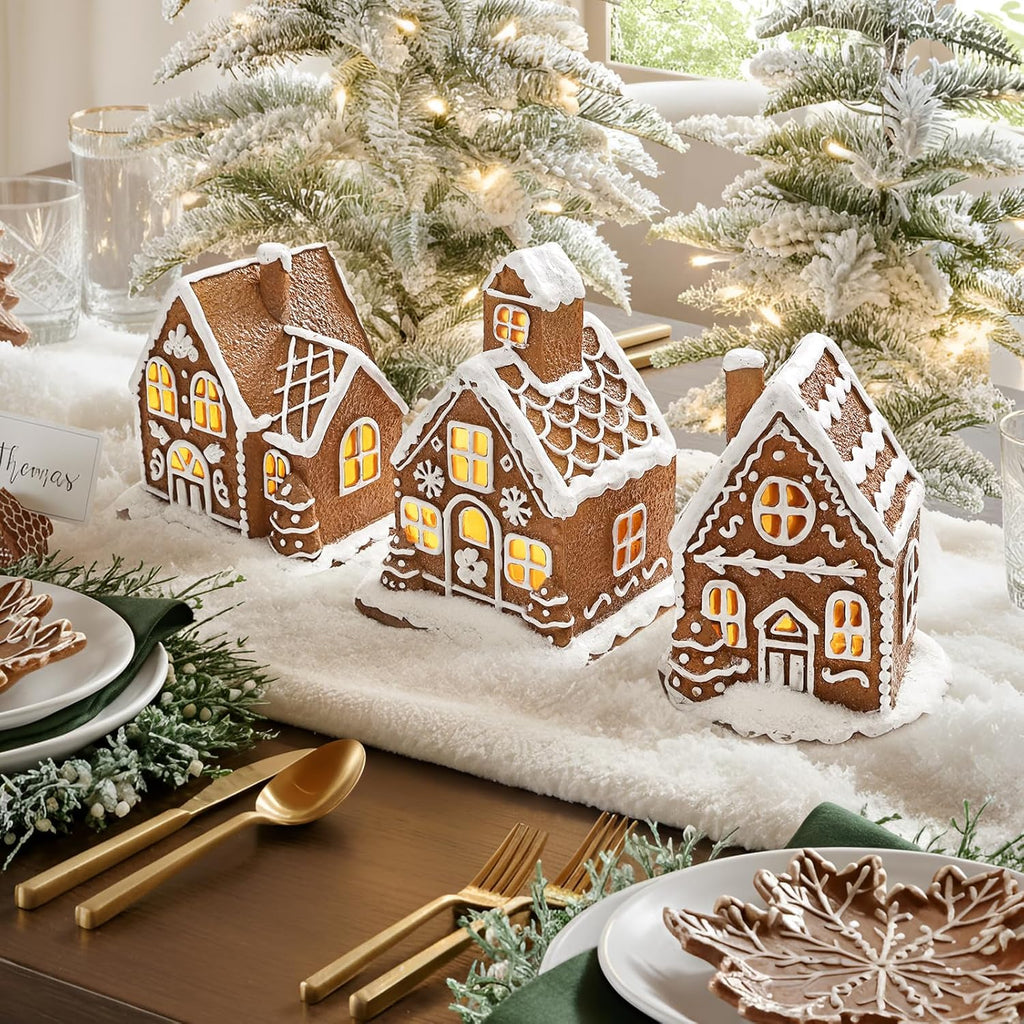 Skiennix Light-Up Gingerbread House Christmas Decorations - 3Pcs Collectible Figurines with LED Lights | Classic Swedish Xmas Table Décor