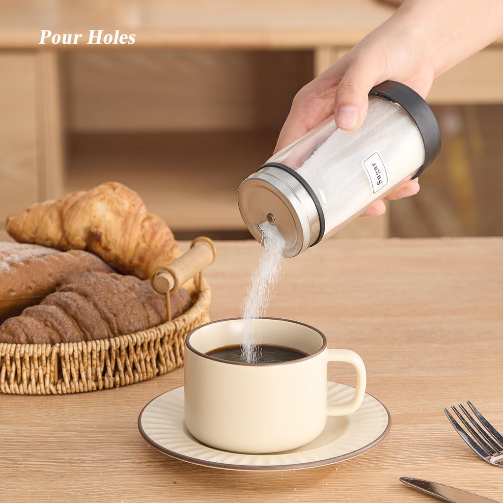 Rekidool 8 oz Glass Sugar Shaker with Stainless Steel Rotating Cover - 3 Adjustable Outlet Holes Holes for Precise Dispensing, Kitchen & Coffee Bar Essential for Coffee, Tea, Baking, 1 Count