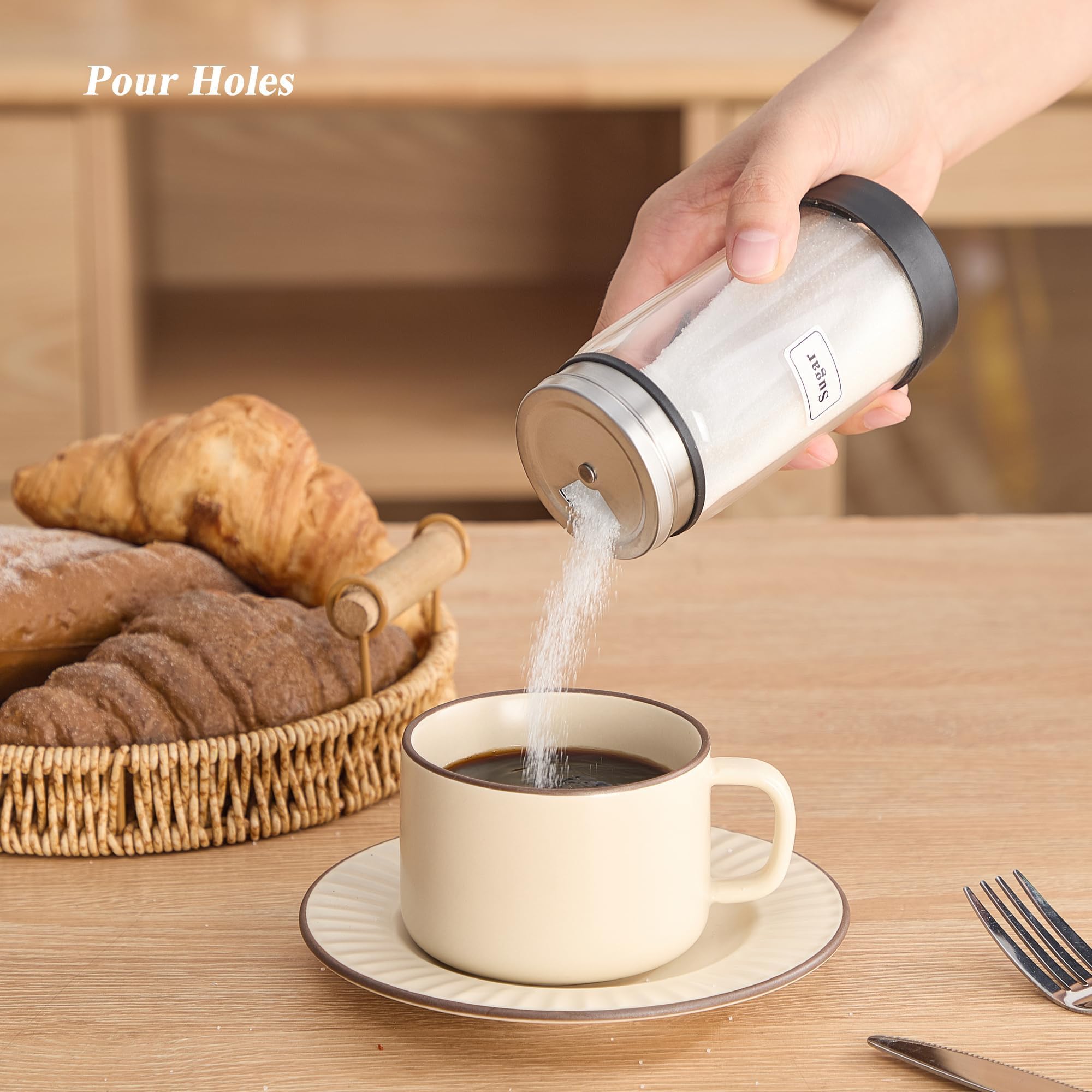 Rekidool 8 oz Glass Sugar Shaker with Stainless Steel Rotating Cover - 3 Adjustable Outlet Holes Holes for Precise Dispensing, Kitchen & Coffee Bar Essential for Coffee, Tea, Baking, 1 Count