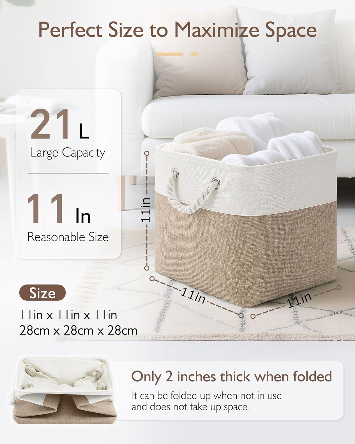 Patvingot 11-Inch Cube Storage Bins - 4 Pack Fabric Organizer Baskets with Rope Handles | White & Khaki