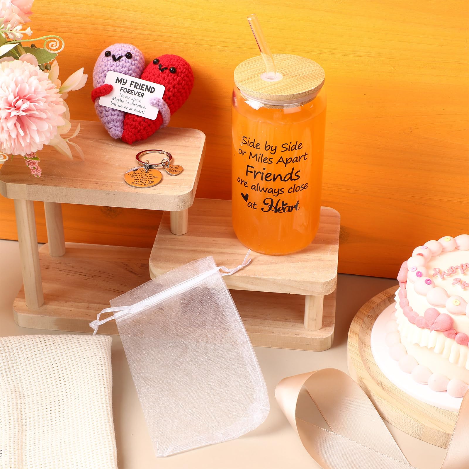 LemonRoad 4 Pack Valentines Galentines Day Friendship Gifts for Women 16 oz Glass Cup with Lid, Straw Brush, Heart Crochet and Keychain with Organza Bag Birthday Gift for Soul BFF Sister Bestie