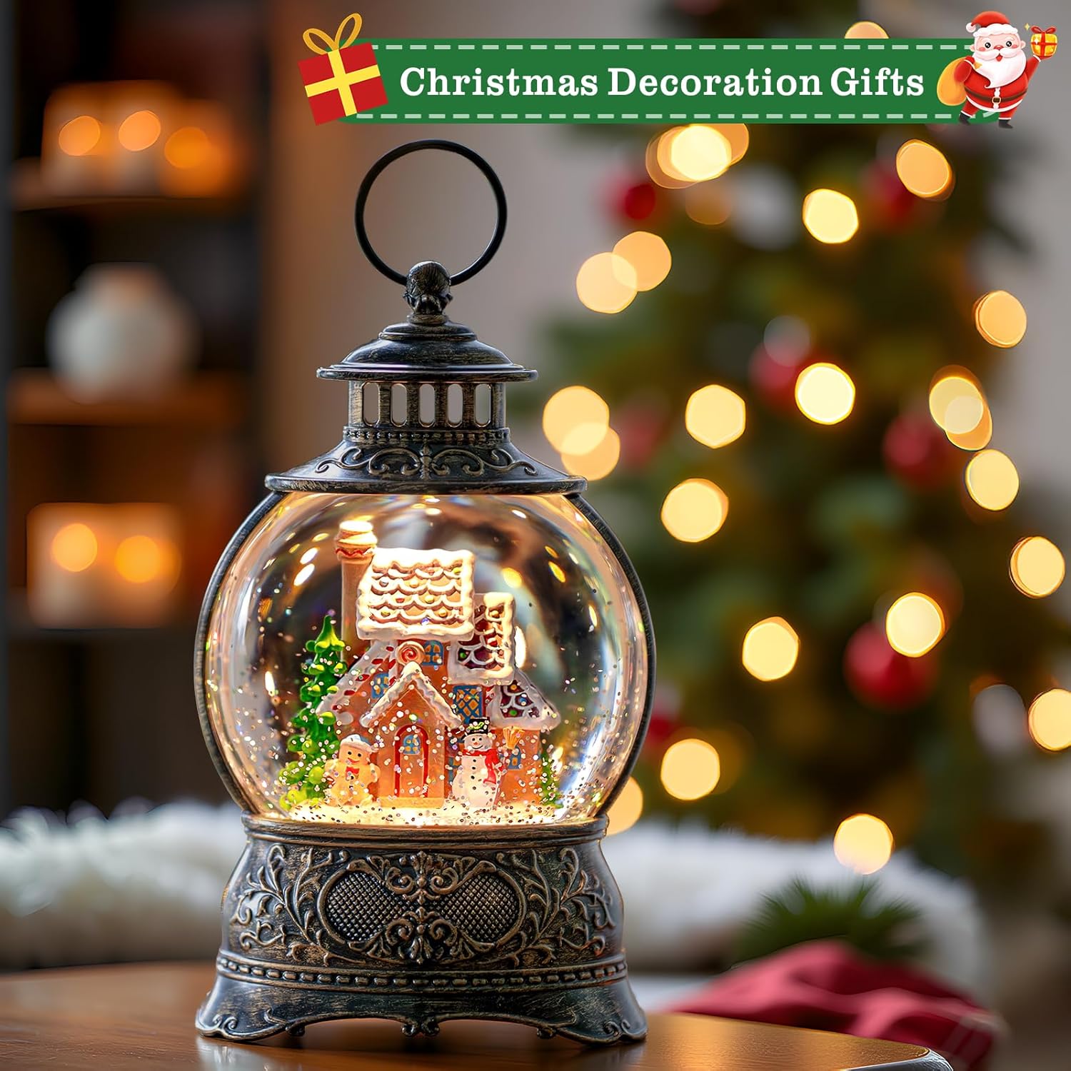 Regine Switzerland Christmas Snow Globe - Gingerbread Man & Snowman Water Lantern with Music & Timer | USB/Battery Operated Holiday Decor