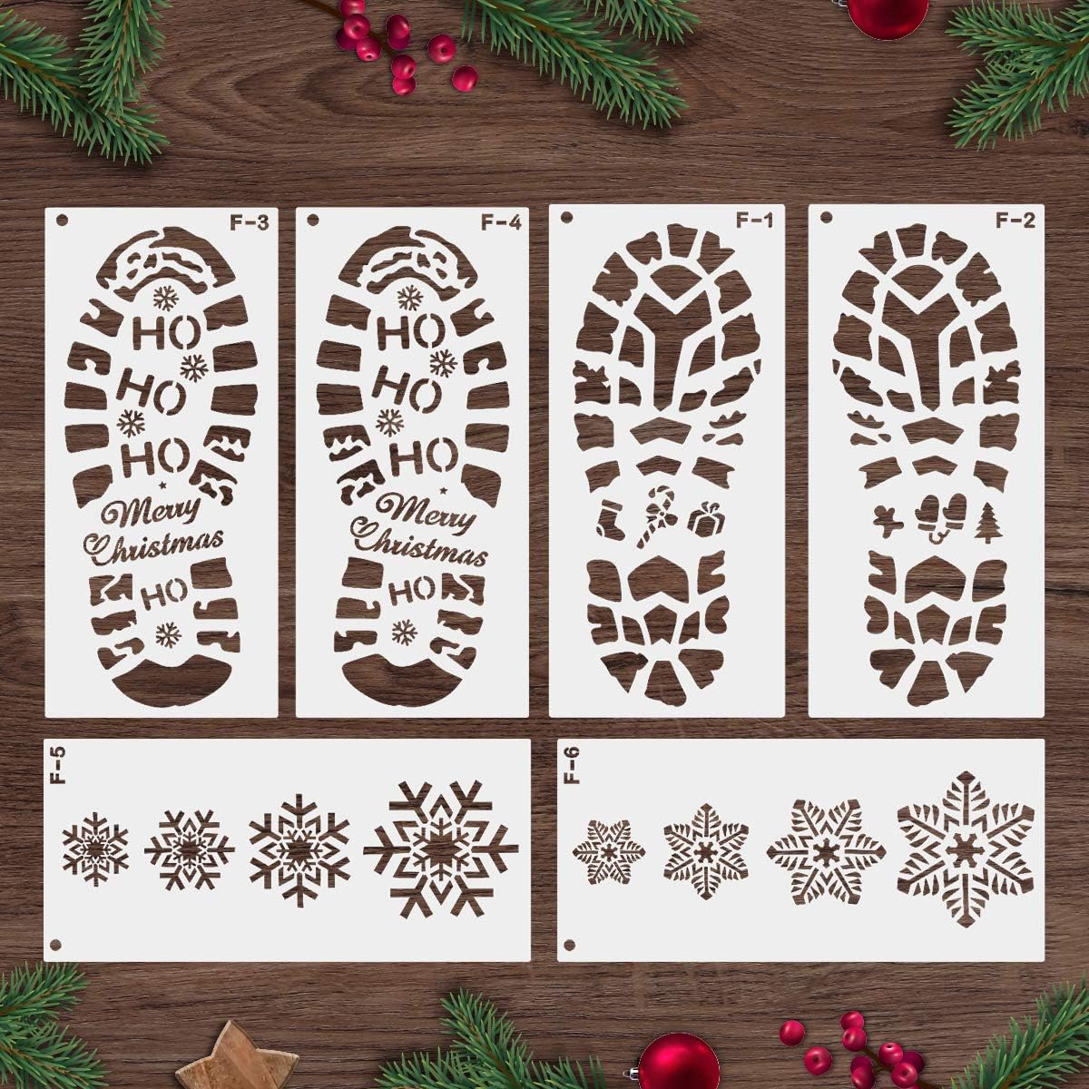 Mocoosy Christmas Stencils - 6 PCS Reusable Santa Footprints & Snowflake Templates for Holiday Crafts
