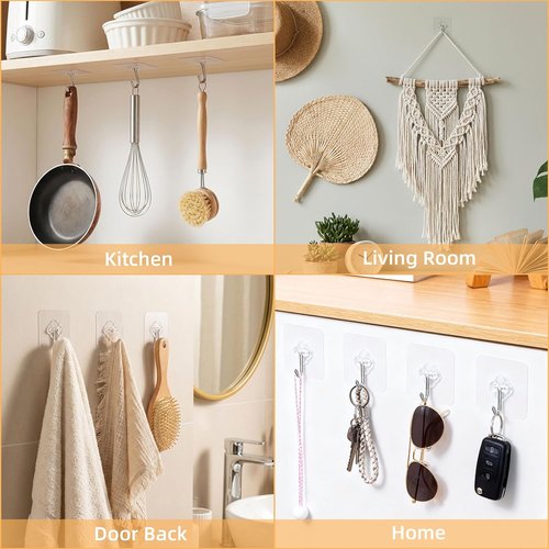 Adhesive Wall Hooks - 50 Pack Heavy Duty Stainless Steel Self-Sticky Hooks | Waterproof & Rustproof for Bathroom, Kitchen, Office
