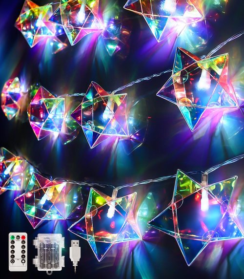 AceList Iridescent Decor 10Ft Star String Lights 20 LED USB/Battery Operated String Lights Indoor/Outdoor, Holographic Decor for Christmas Birthday Party Tent(White)