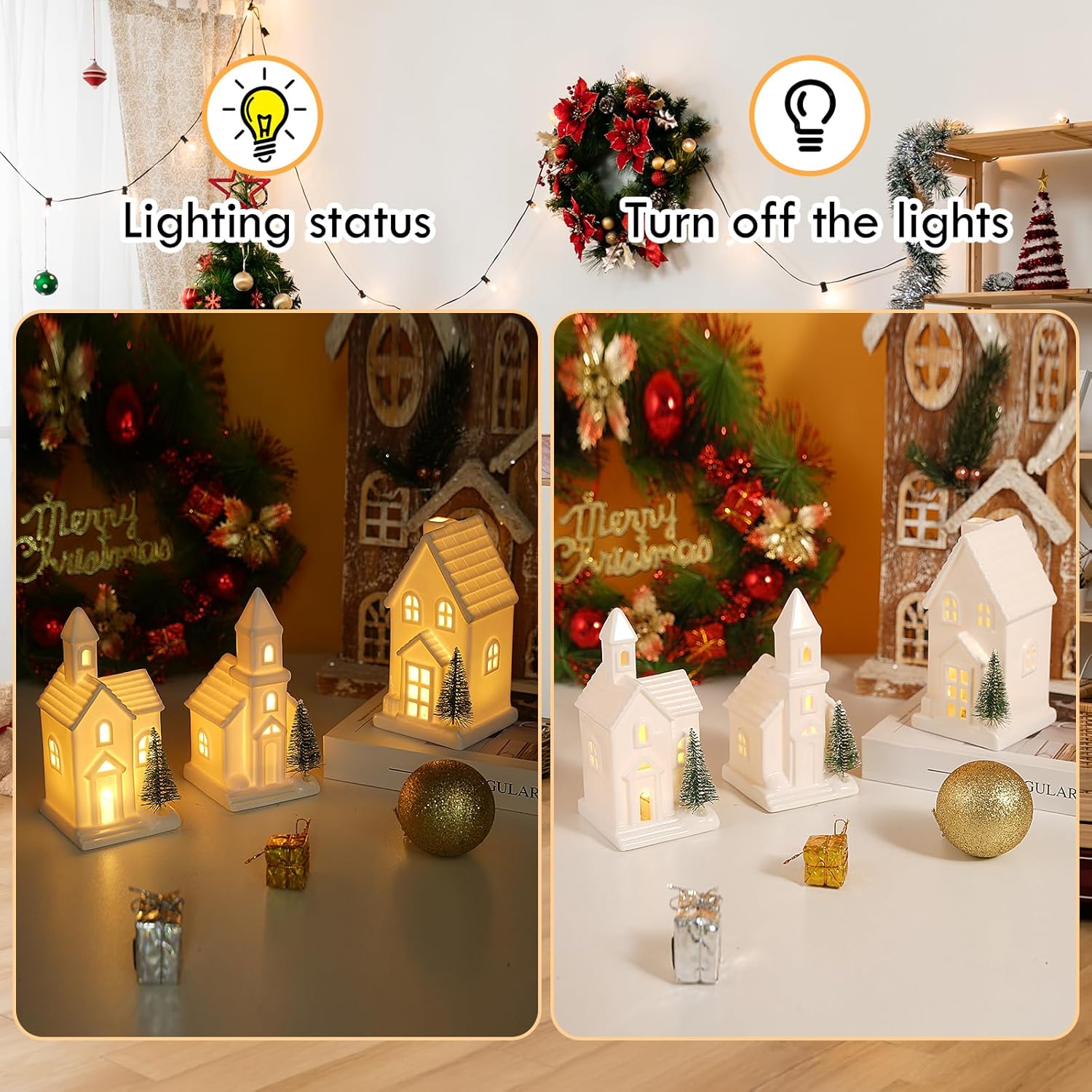 Skiennix Light Up Christmas Houses - White Ceramic Decor with 3 Xmas Trees & Timer | Holiday Village Set