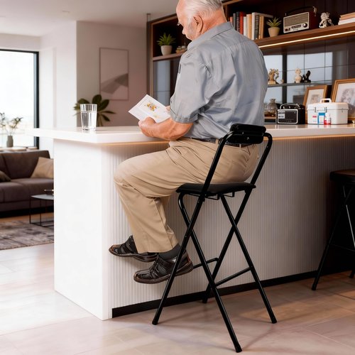 FATOLRD Folding Bar Stool with Back, 1 pcs Tall Foldable Stool Chair Portable Collapsible Stool for Adult Counter Height Seat Leather Padded Kitchen Shop Comfortable Sturdy