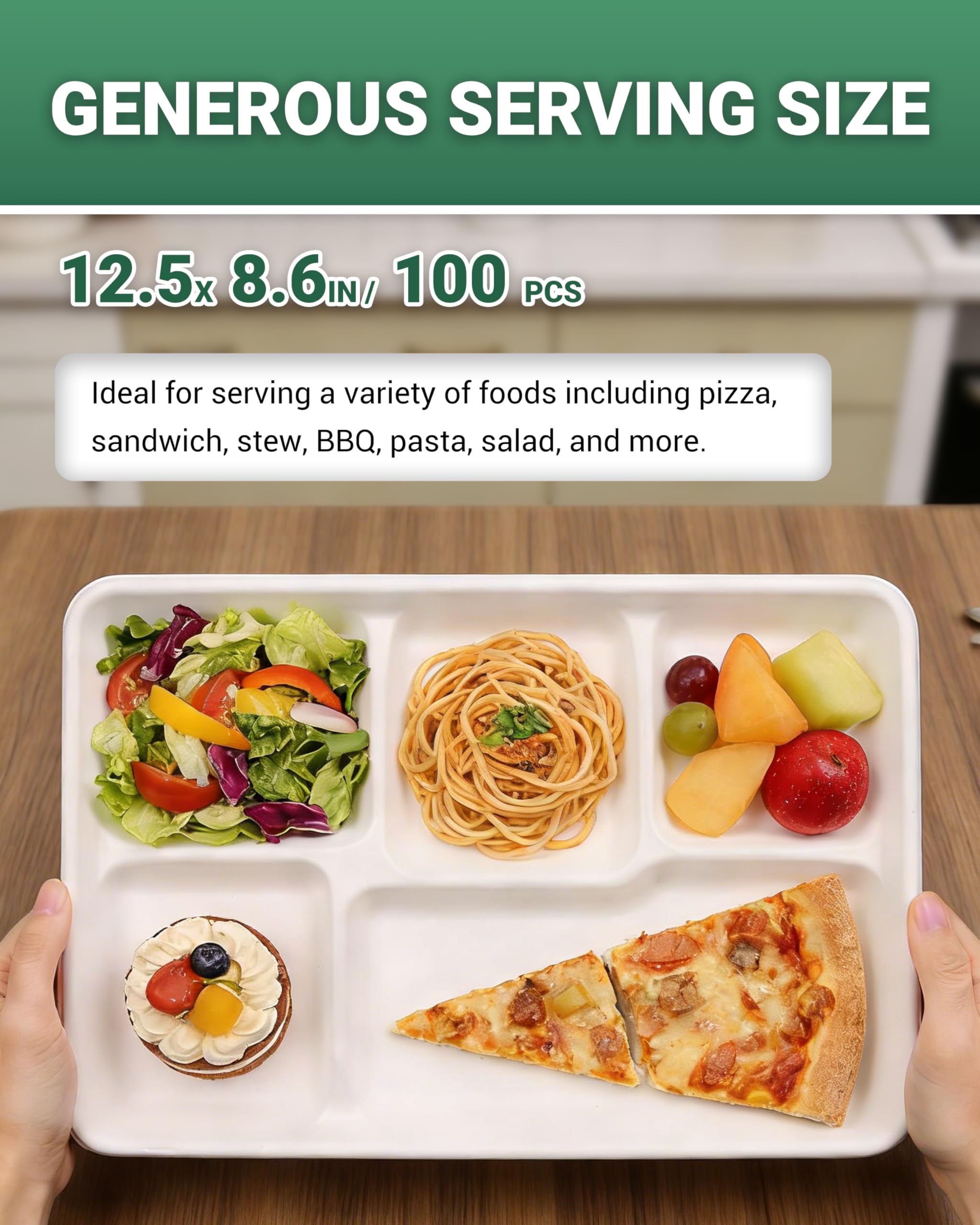 ZOES HOMEWARE 5 Compartment Plates Disposable, 100 Pack, 12.5" X 8.6" 100% Compostable Disposable Paper Plates with Dividers for School Lunch, Party, Buffet, Picnic
