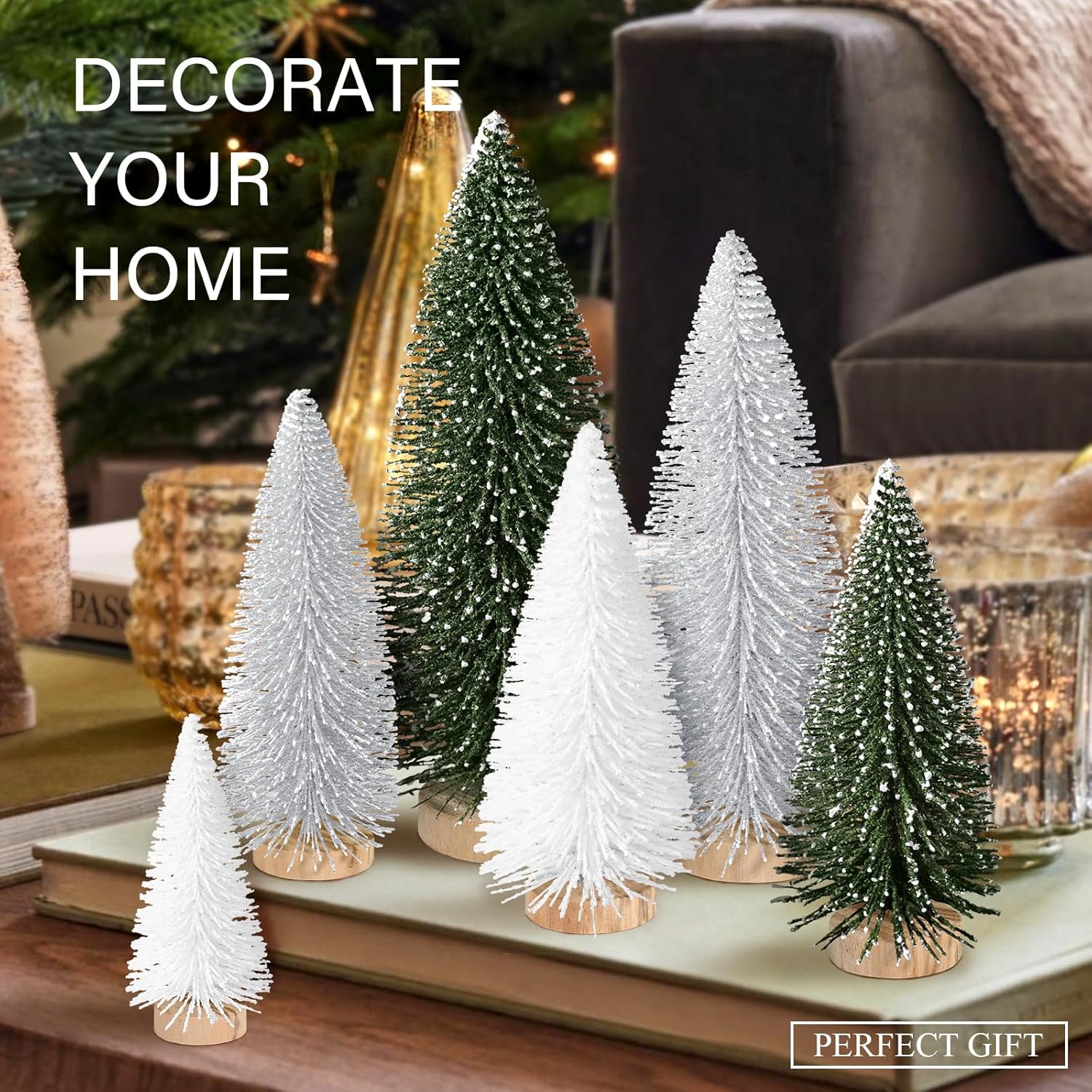 Skiennix Mini Christmas Trees - 6pcs Bottle Brush Decorations for Indoor/Outdoor Holiday Decor | Green, Silver, White
