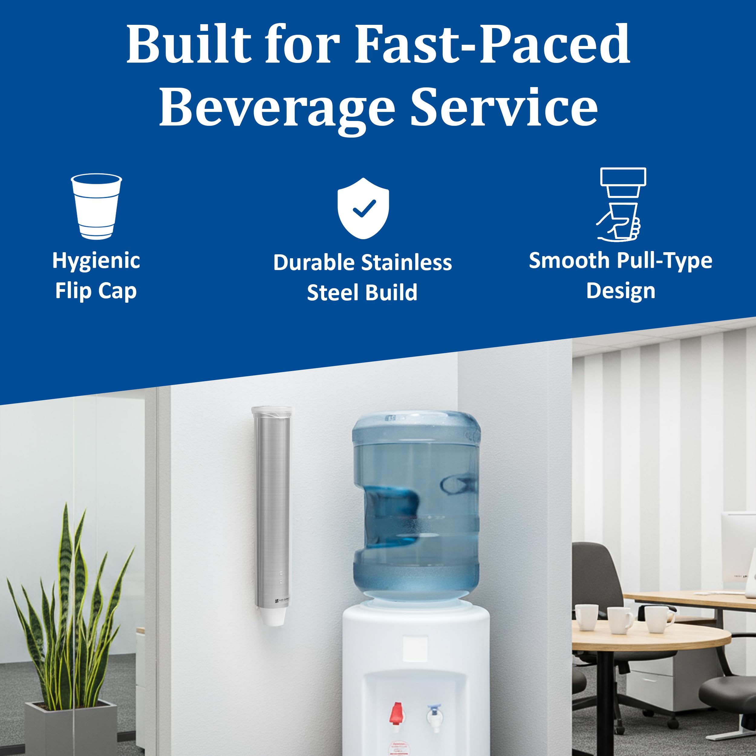 San Jamar Small Pull-Type Cup Dispenser Fits 3-4.5 Oz Cone Cups, 3-5 Oz Flat Cups with Flip Caps for Restaurants, Dining Halls, and Fast Food, Stainless Steel, 16 Inches, Silver