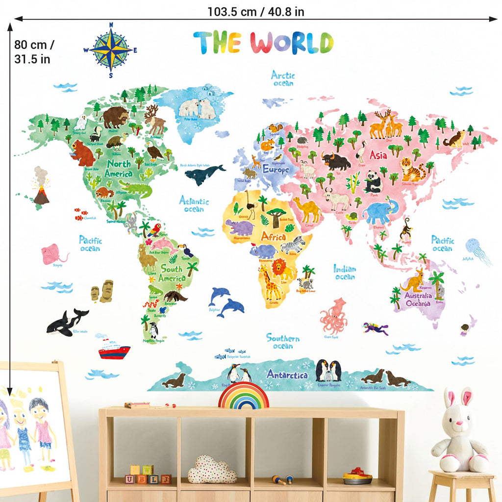 DECOWALL SG2-1615S Animal World Map Kids Wall Decals Wall Stickers Peel and Stick Removable Wall Stickers for Kids Nursery Bedroom Living Room (Large)