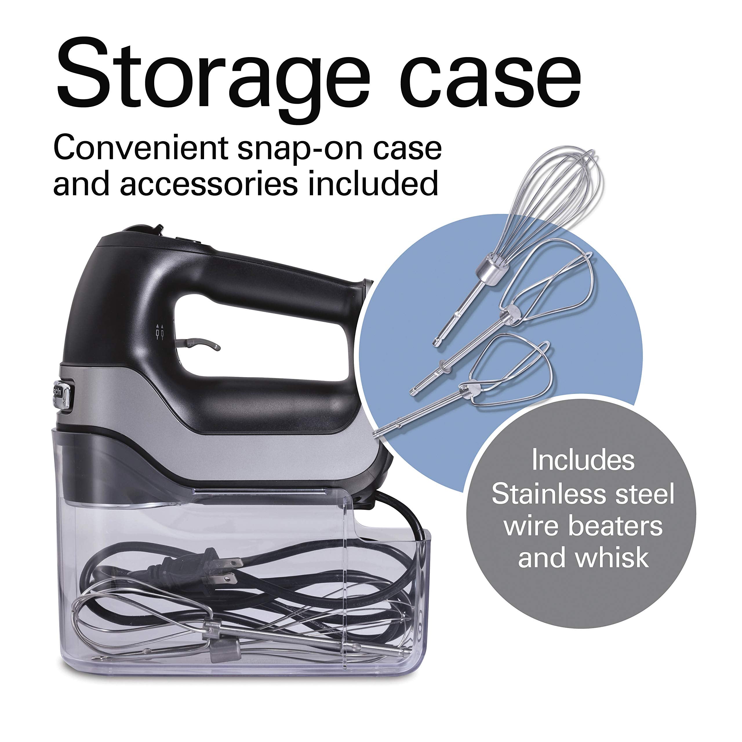 Hamilton Beach Professional 5-Speed Electric Hand Mixer with High-Performance DC Motor, Slow Start, Snap-On Storage Case, Stainless Steel Beaters & Whisk, Black (62651)