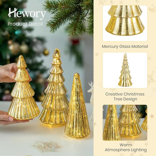 Hewory Gold Christmas Tree Decorations - Set of 5 Glass Tabletop Trees with LED Fairy Lights | Glitter Mercury Glass Holiday Decor
