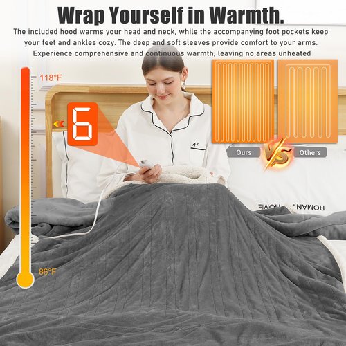 COZYTY Wearable Heated Blanket with Foot Pocket, Electric Snuggle Throw Blankets with Sleeves, 6 Heating Levels & 1-4H Auto Shut-Off, Machine Washable, Housewarming & Gift, 50 * 70"+16", Dark Gray