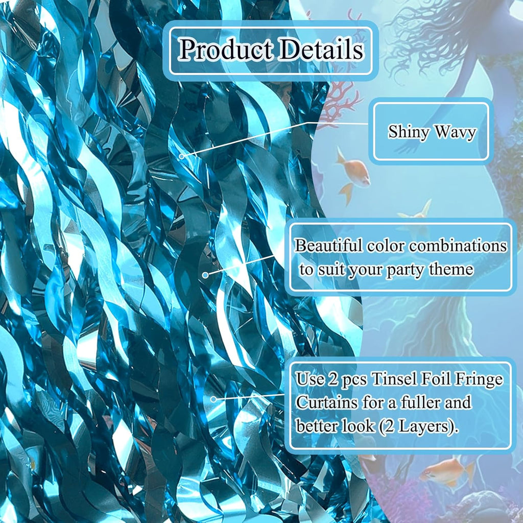 Skiennix Wavy Tinsel Foil Fringe Curtains - Teal Blue Streamers Backdrop for Ocean Themed Parties | 2 Pack, 3.2 ft x 6.6 ft