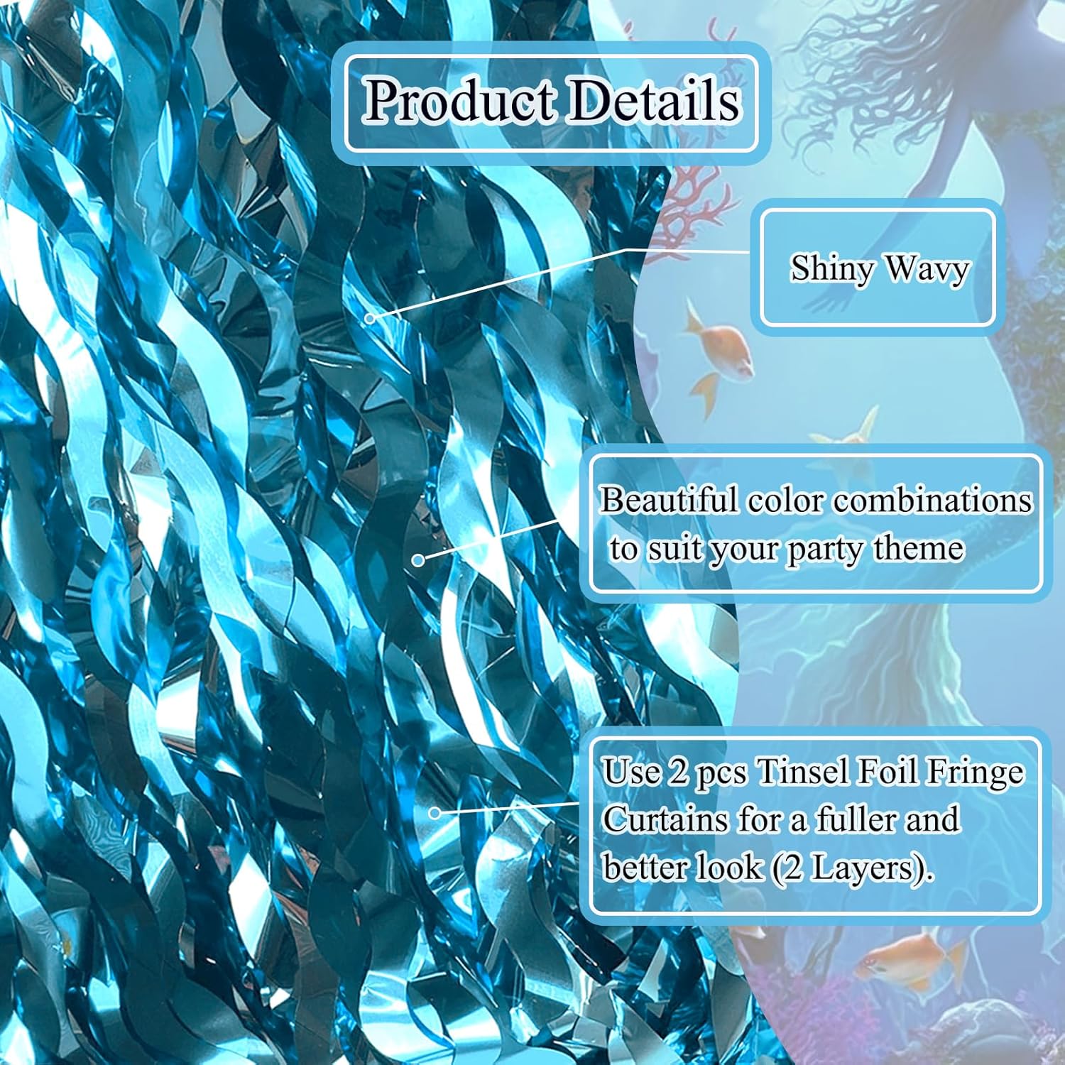 Skiennix Wavy Tinsel Foil Fringe Curtains - Teal Blue Streamers Backdrop for Ocean Themed Parties | 2 Pack, 3.2 ft x 6.6 ft