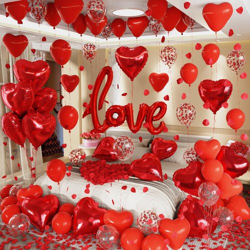 Red Heart Balloons Love Balloon Valentines Day Balloons Decorations Red Heart Shaped Confetti Latex Balloon with Rose Petals for Romantic Valentine Bridal Shower Wedding Special Night Party Decoration