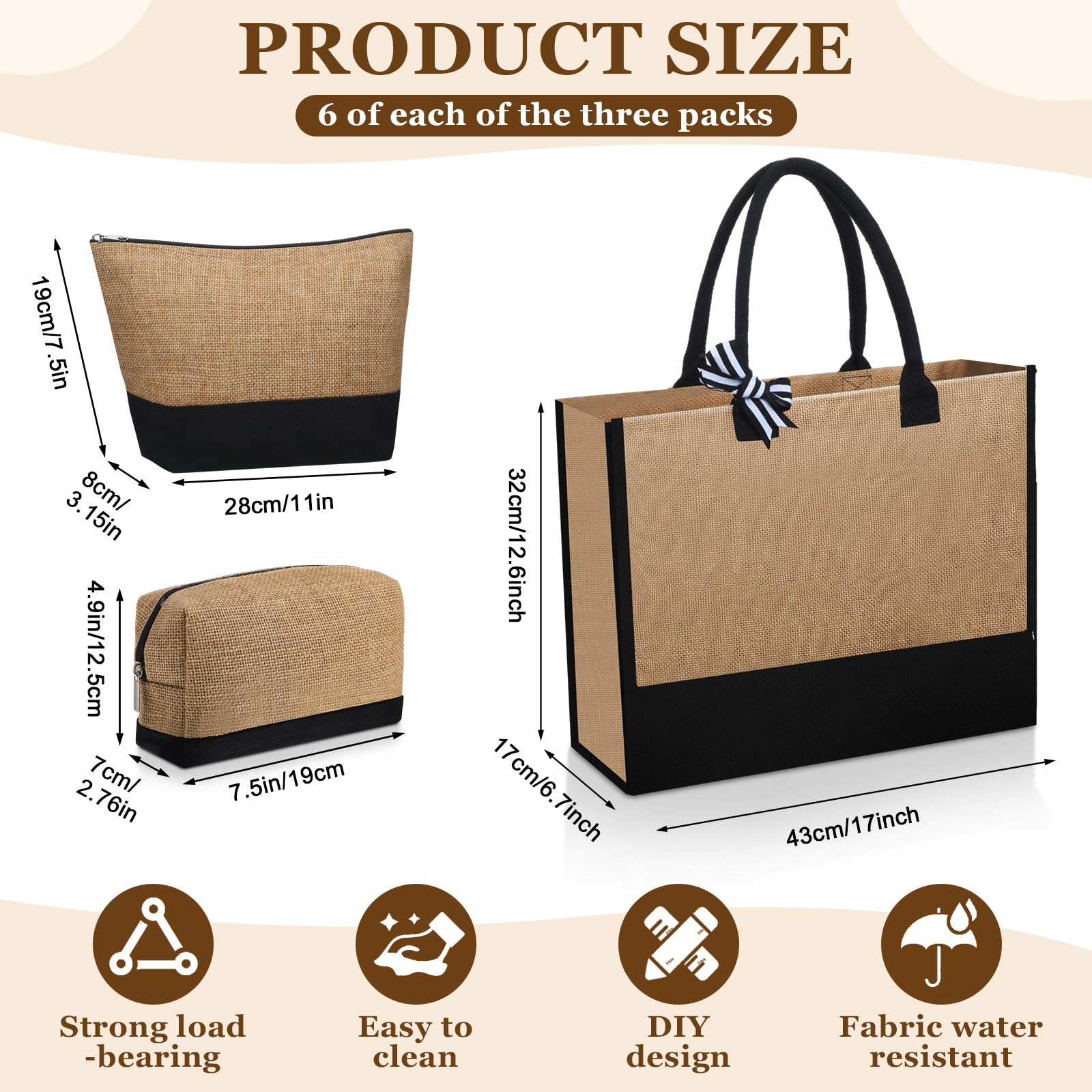 Locmeo 18 Pcs Burlap Tote Bags Bulk and Makeup Bag Set Large DIY Jute Tote Personalized Gift for Wedding Bridesmaid Women(White)